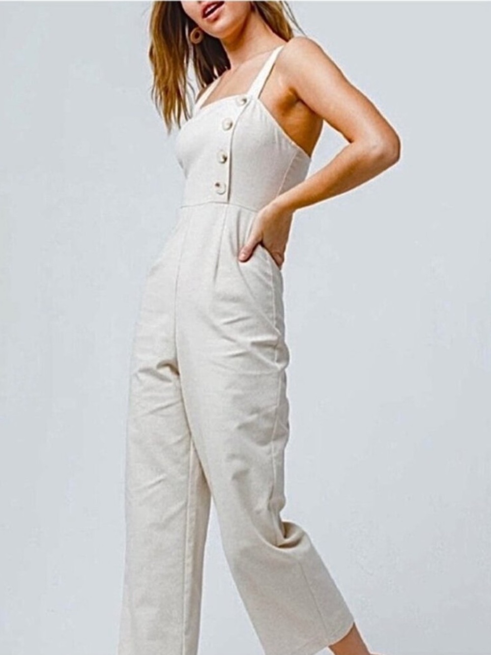 Sky and Sparrow Jumpsuit Size Small Tan Linen Cropped Wide Leg Cottagecore Fairy